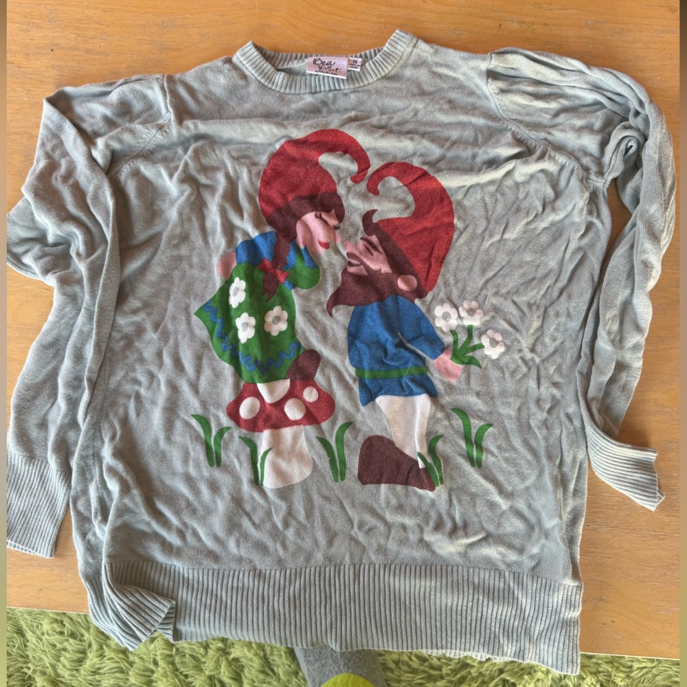 Modcloth Bea and Dot Sweater with Colorful Gnome & Mushroom Graphic